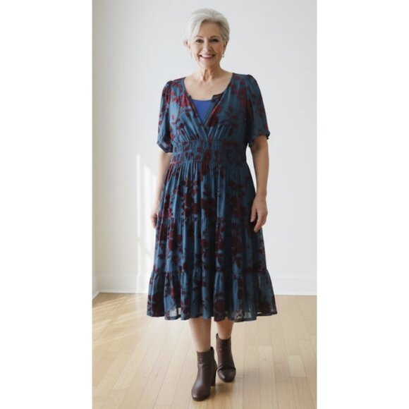 ESHAKTI WAYWARD FANCIES Floral Velvet Burnout Smocked Waist Tiered Dress Evening - Picture 1 of 16